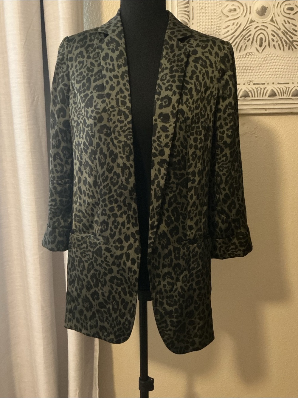 Express Olive Green and Black Leopard Print Open Blazer